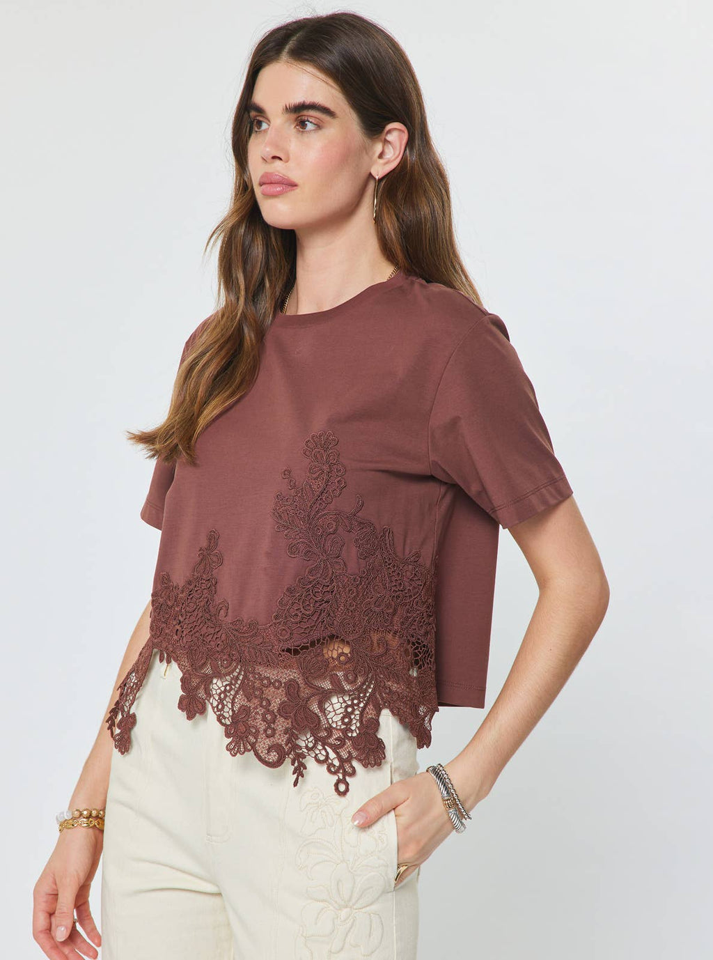 Cotton Blend Lace Hem Cropped Top
