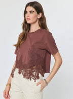 Cotton Blend Lace Hem Cropped Top