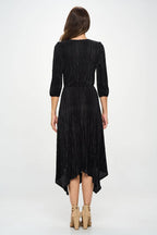 Plisse V neck Dress with Asymmetrical Hem