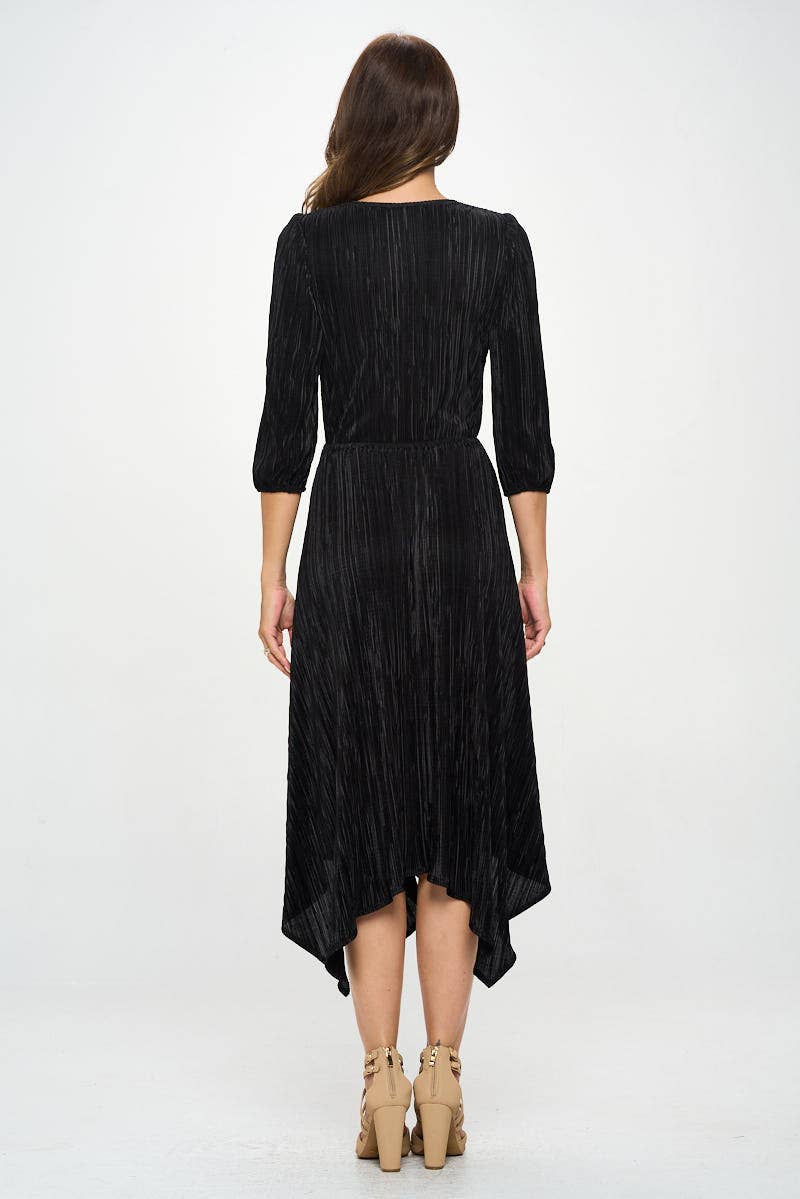 Plisse V neck Dress with Asymmetrical Hem