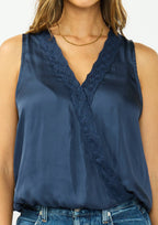 Sleeveless Embroidered Surplice Top with Elastic Hem
