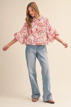 Paisley Print Button Down Bubble Sleeve Top