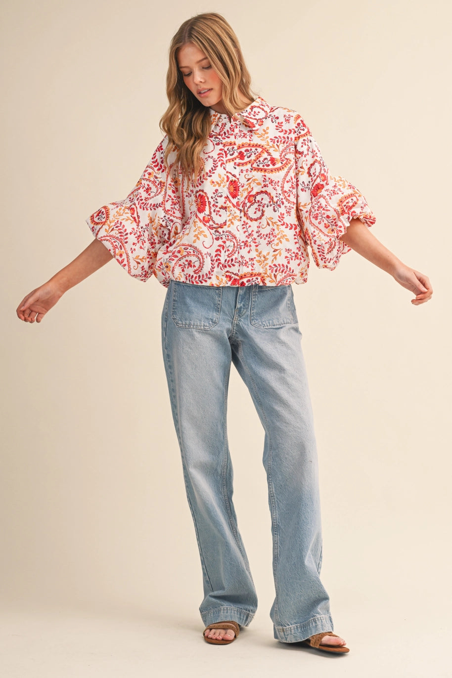 Paisley Print Button Down Bubble Sleeve Top