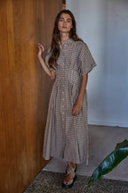 Woven Cotton Gingham Print Button Down Flare Maxi