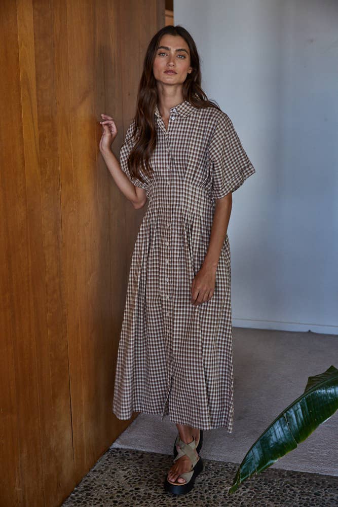 Woven Cotton Gingham Print Button Down Flare Maxi