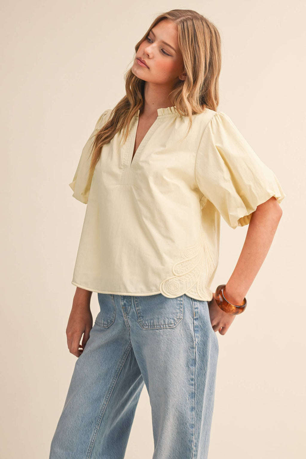 Bubble Sleeve Top With Side Embroidery