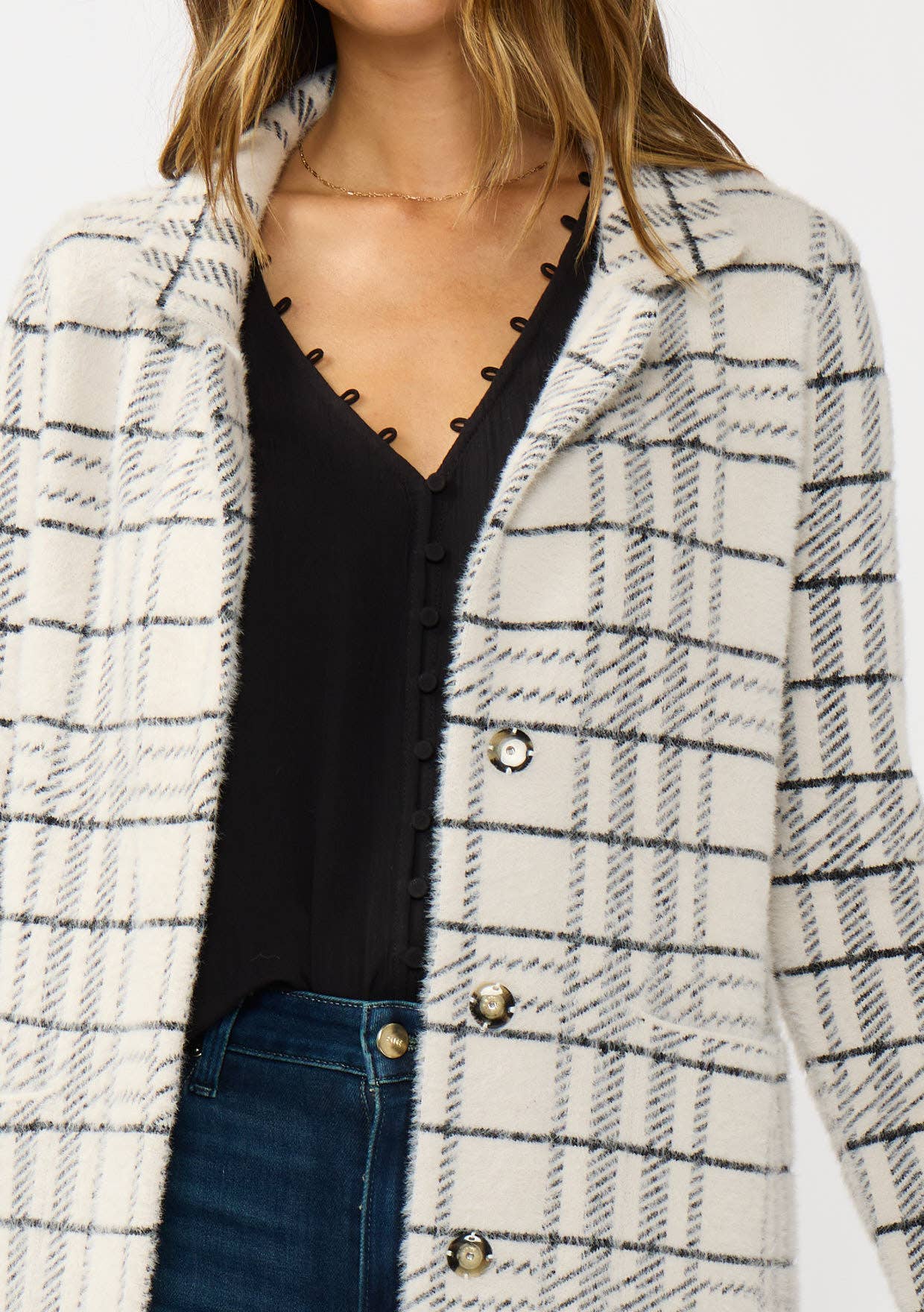 Plaid Notched Collar Button Front Cardigan