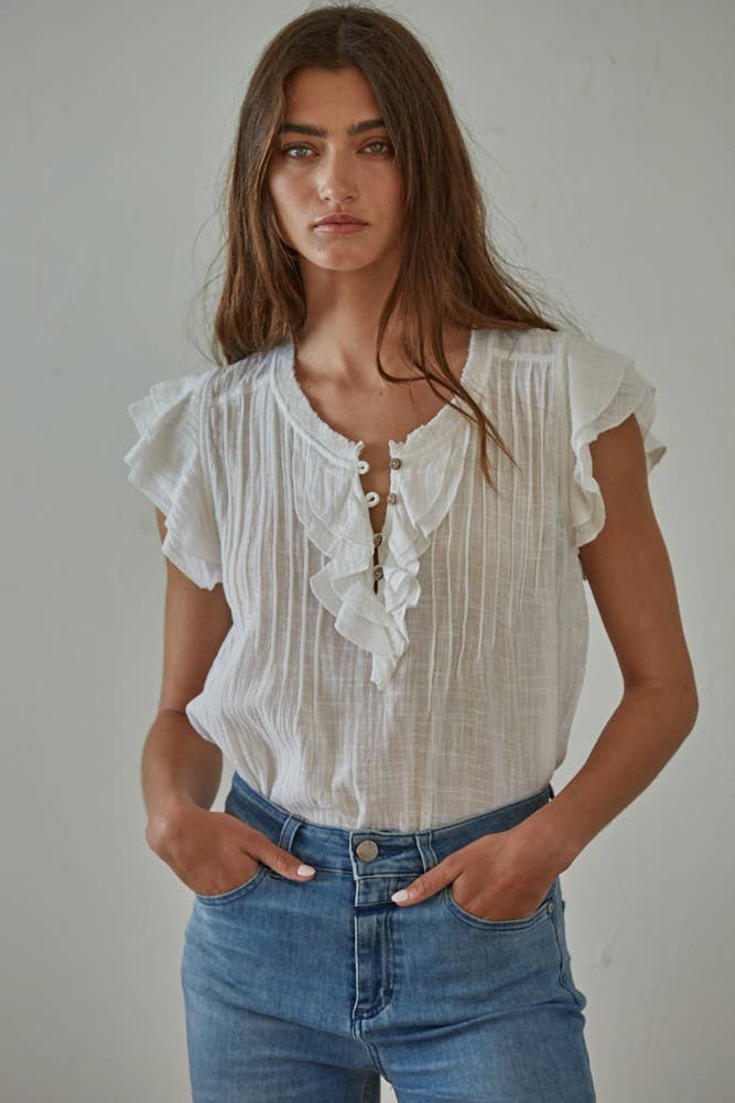 Woven Button V-Neck Short Sleeve Top