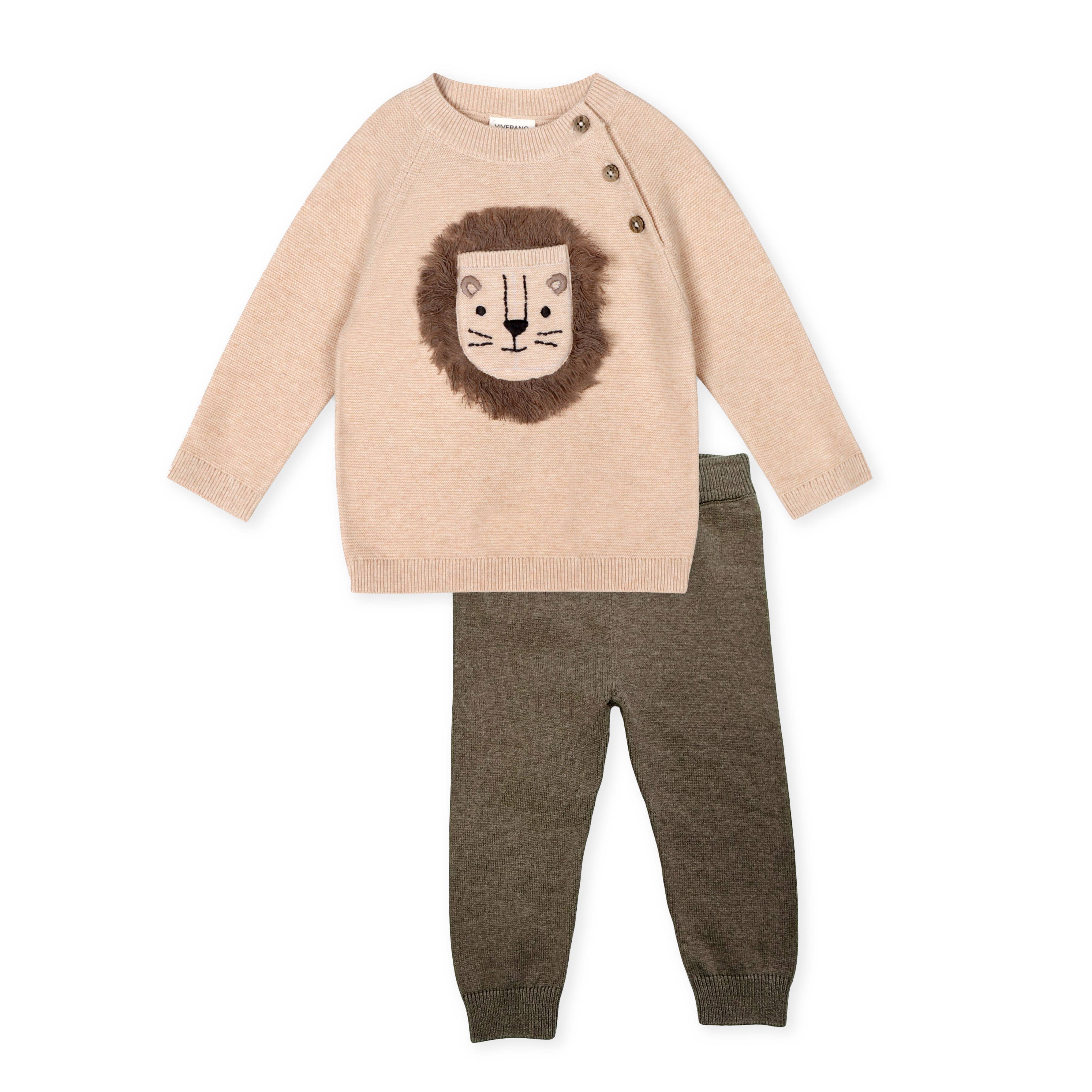 Lion Appliqué Sweater Knit Baby Pullover & Pant SET