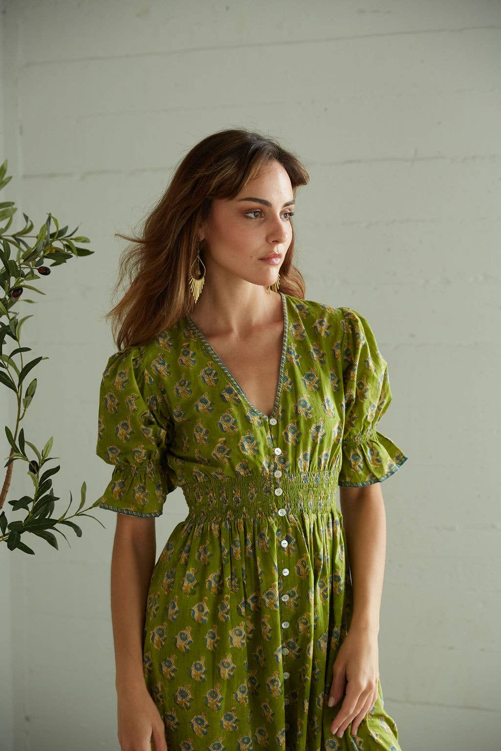 Tatiana Block Printed Dress (Olive)