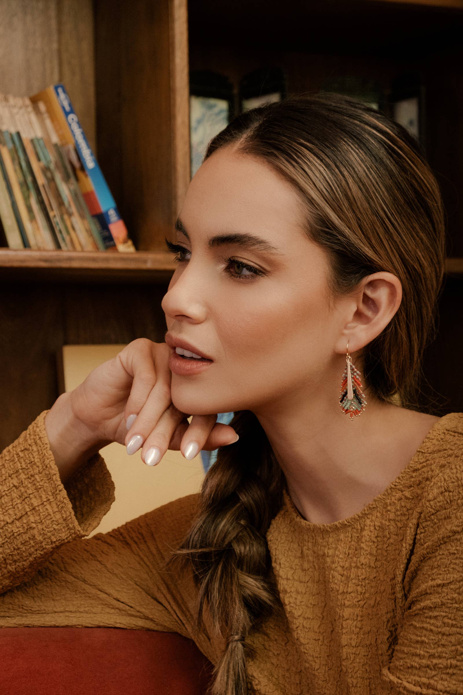 Beaded Handwoven Gilded Feather Earrings (Peach/Tan)