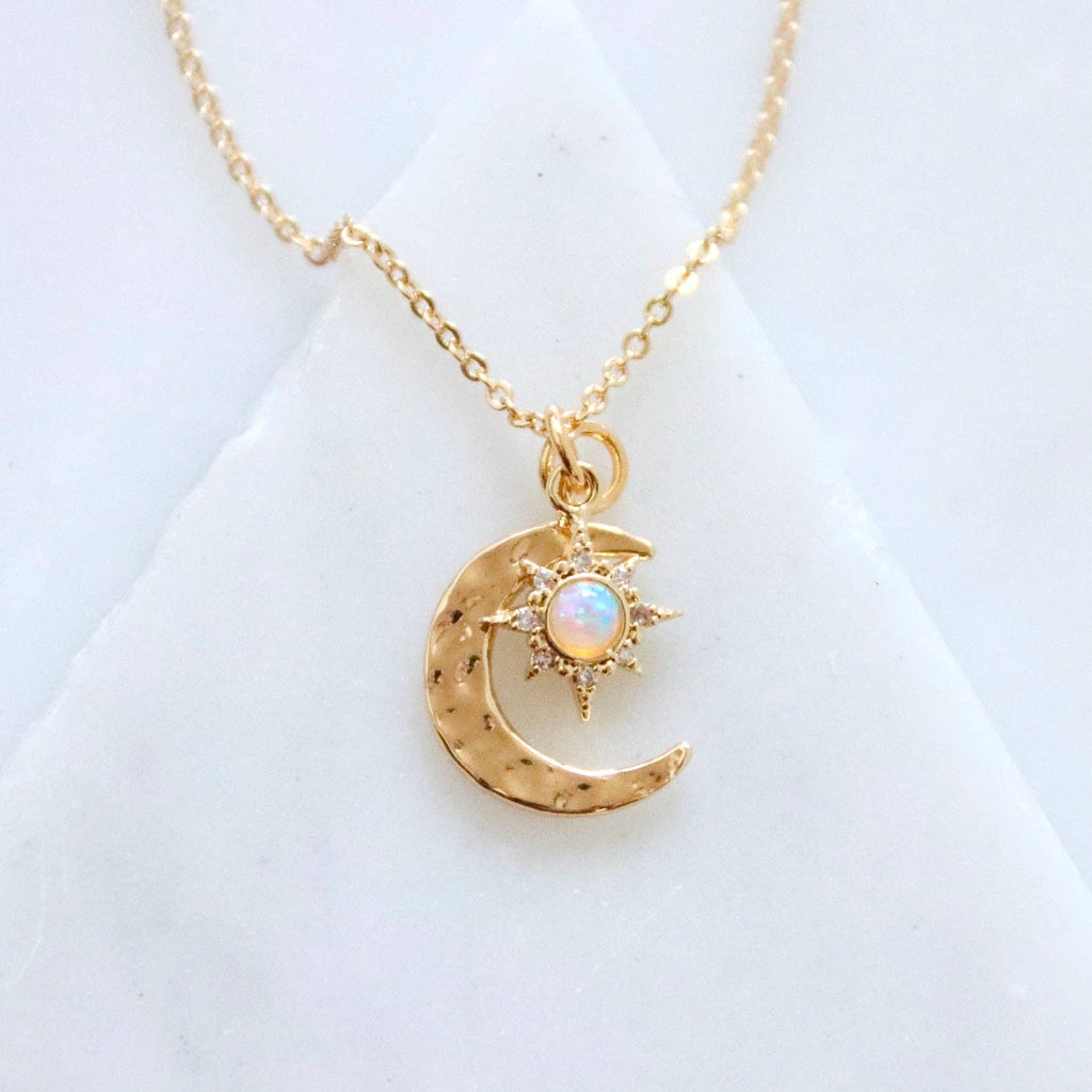 Hammered Moon and Opal Sun Necklace