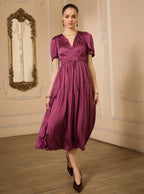 Pleated V-neck Short Sleeve Midi Dress
