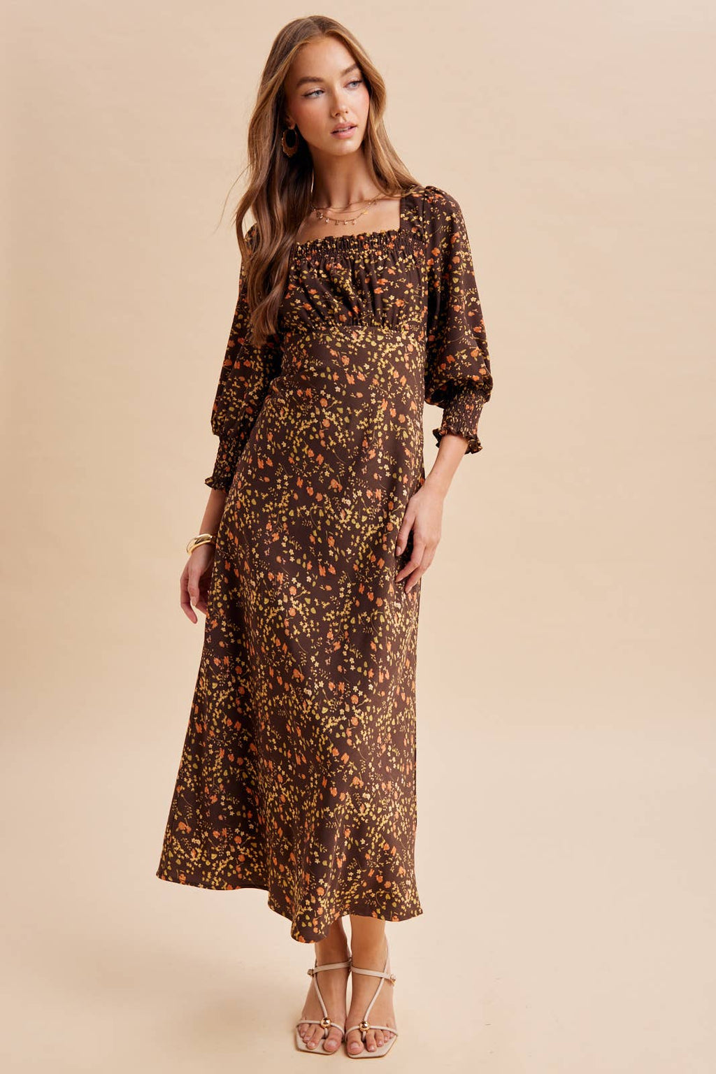 SMOCKED FLORAL PRINT MAXI