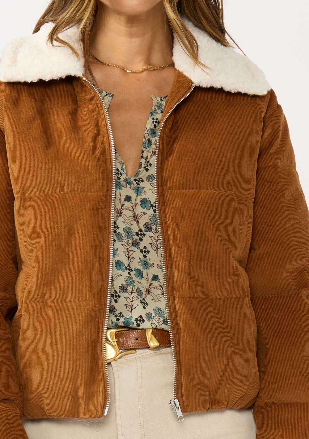 Corduroy Puffer Jacket with Sherpa Collar